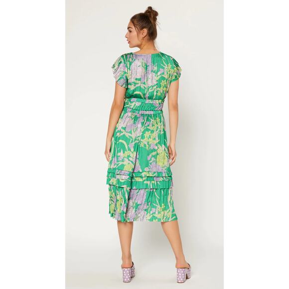 Current Air Sereia Botanical Motif Midi Dress Womens Large Green Purple New - Picture 3 of 10